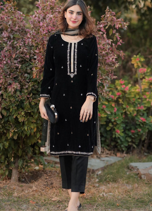 MP518 - winter Velvet Embroidered Dress With Organza embroidered Dopata