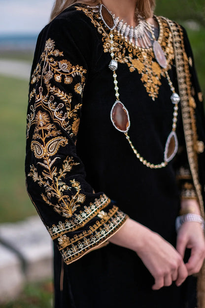 MP1103 - Unstitched 3PCs Embroidered Velvet Dress With Embroidered Velvet Shawl