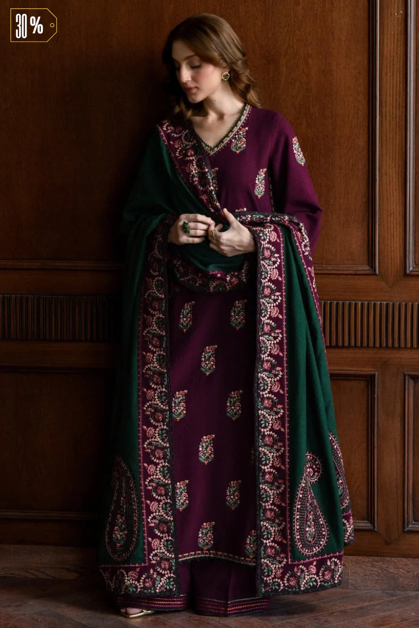 MP1236 - Winter BATIK-3PC DHANAK EMBROIDERED SHIRT WITH DHANAK EMBROIDERED SHAWL AND TROUSER-BIC